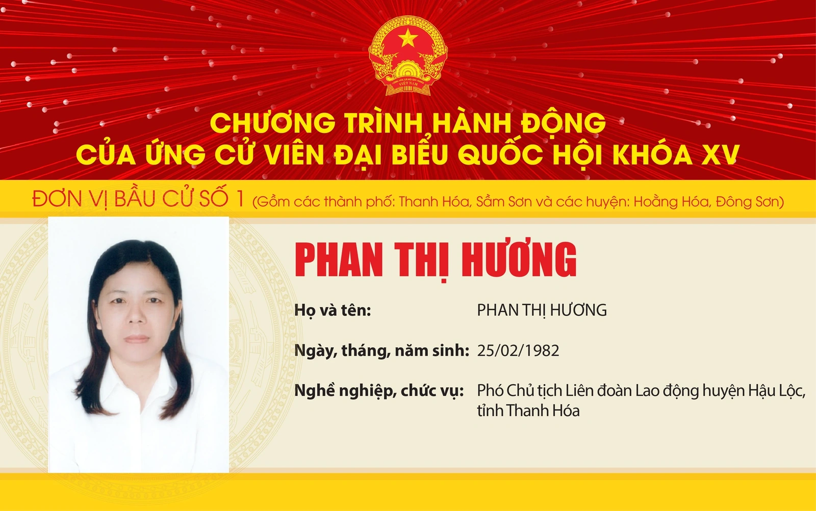Chương trình hành động của Ứng cử viên Đại biểu Quốc hội khóa XV Phan Thị Hương - Đơn vị bầu cử số 1