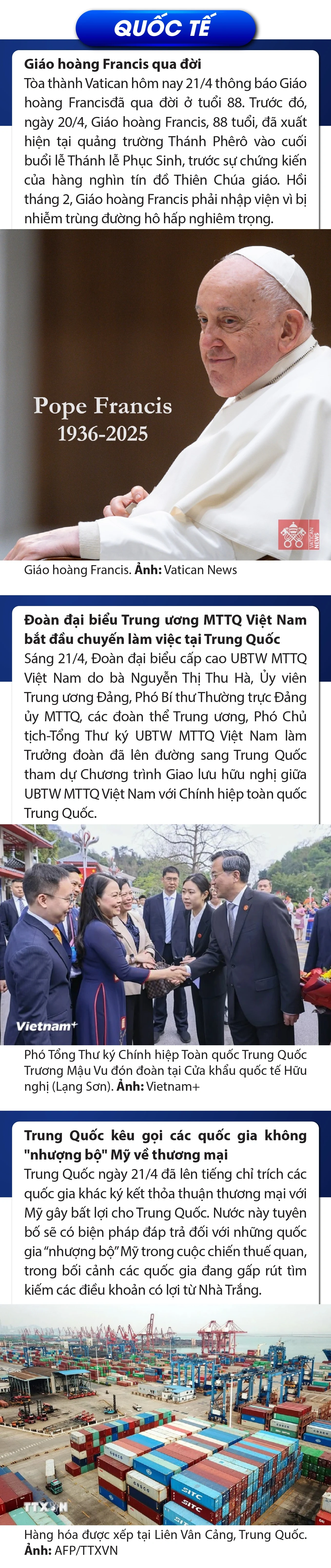 Sự kiện nổi bật trong nước, quốc tế ngày 21/4/2025