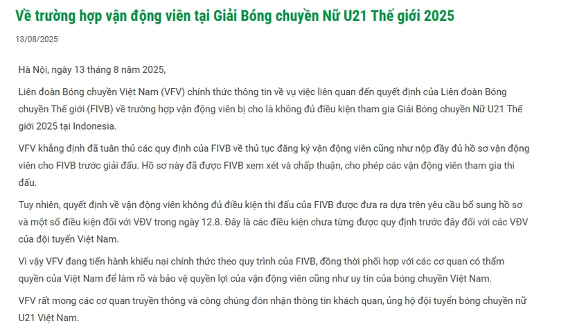 VFV khiếu nại về vận động viên không đủ điều kiện tham gia Giải U21 Thế giới