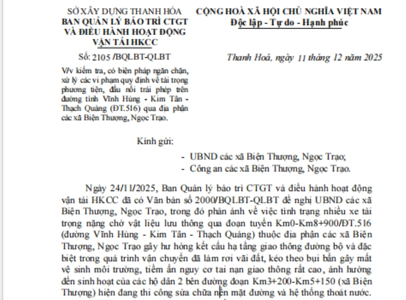 Cần có giải pháp ngăn chặn, xử lý vi phạm tải trọng trên đường tỉnh 516
