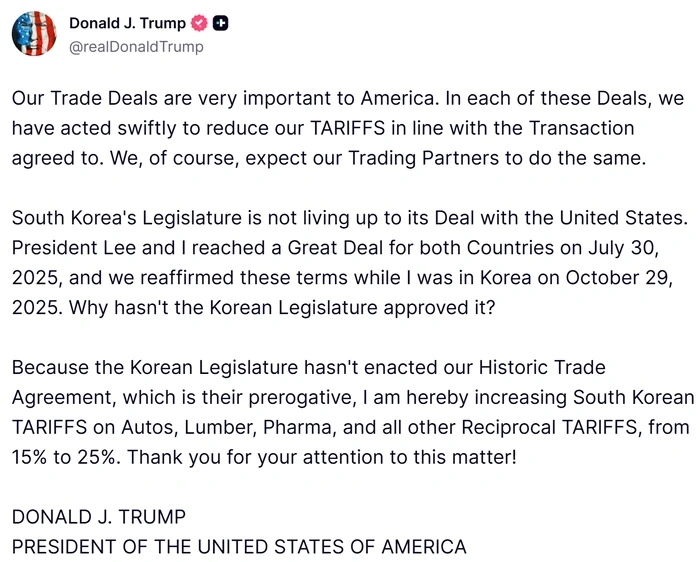 Mỹ nâng thuế nhập khẩu với Hàn Quốc do chưa phê chuẩn thỏa thuận thương mại