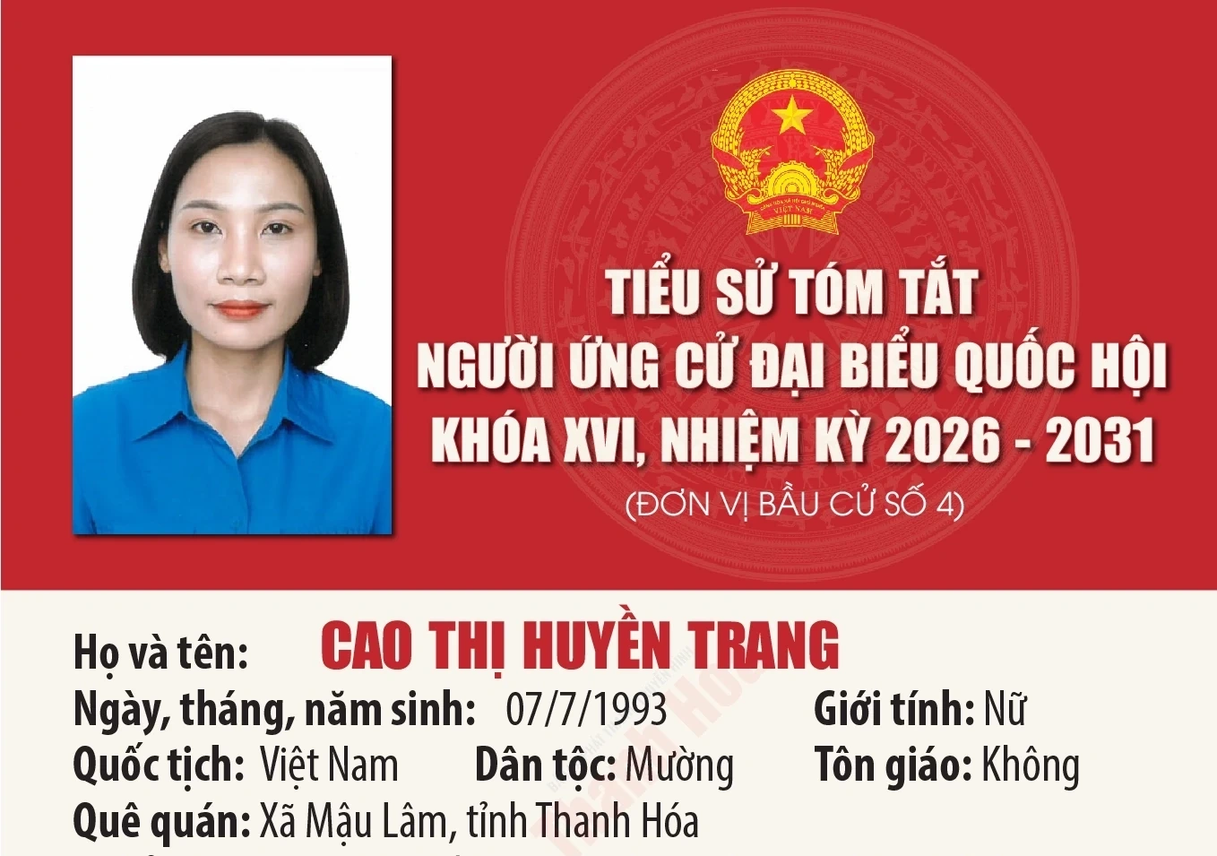 Tiểu sử ứng cử viên Đại biểu Quốc hội khóa XVI Cao Thị Huyền Trang