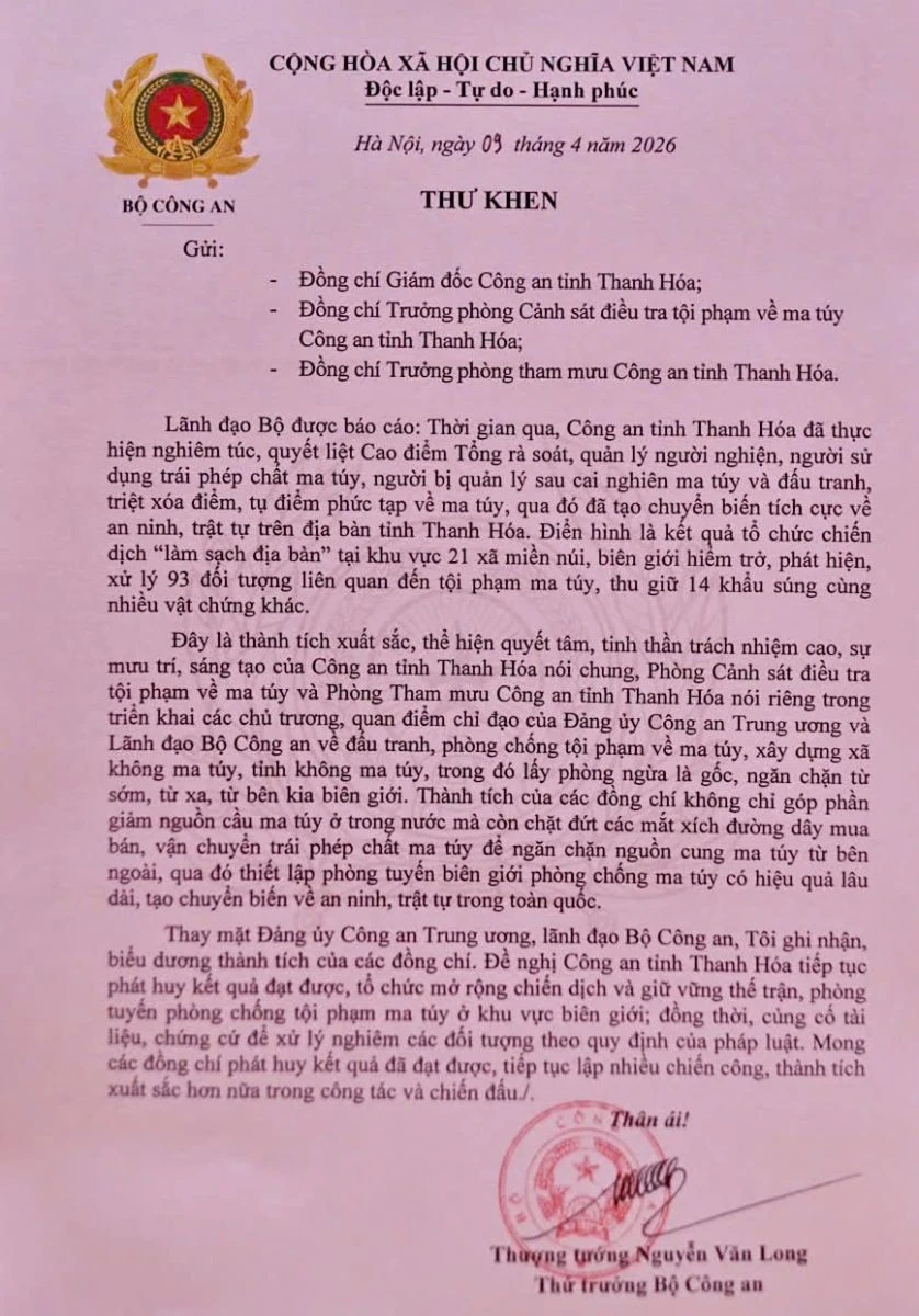 Thư khen Công an tỉnh Thanh Hóa về thành tích cao điểm phòng, chống ma túy