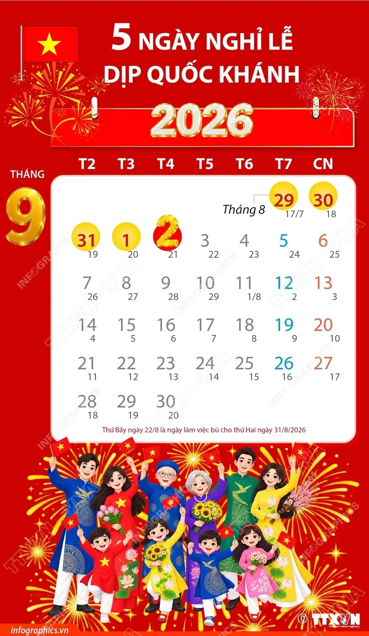 Lịch nghỉ lễ Quốc khánh năm 2026