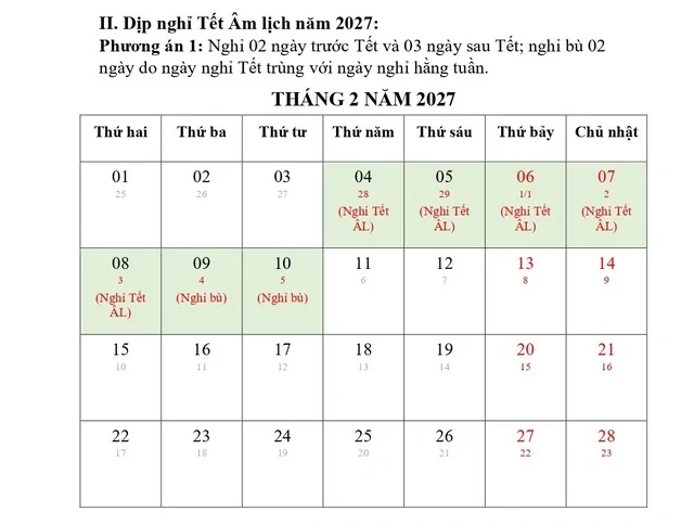 Đề xuất phương án nghỉ Tết Nguyên đán 2027