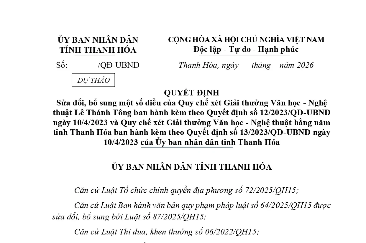 Dự thảo Quyết định sửa đổi, bổ sung một số điều của Quy chế xét Giải thưởng Văn học - Nghệ thuật Lê Thánh Tông