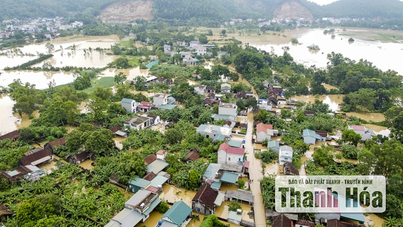 Hàng trăm ngôi nhà ở Hà Trung chìm trong nước, dân sơ tán đồ đạc, vật nuôi lên đê tránh lũ
