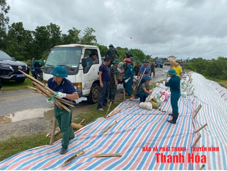Xã Thọ Xuân tập trung lực lượng xử lý sự cố sạt mái đê