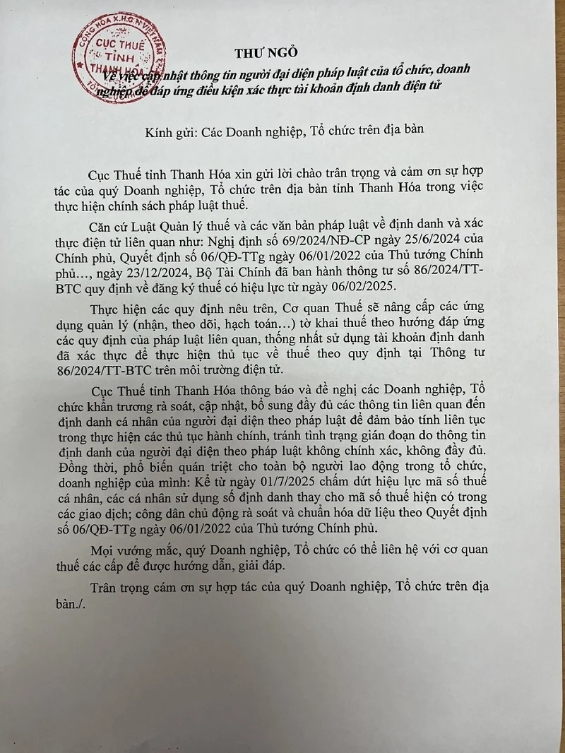 Thư ngỏ của Cục Thuế Thanh Hóa về việc xác thực tài khoản định danh điện tử