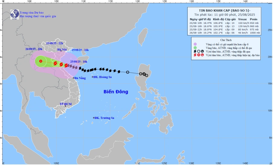 Bão số 5 di chuyển nhanh, dự báo 16 giờ chiều nay vào tới vùng biển từ Thanh Hóa đến Hà Tĩnh
