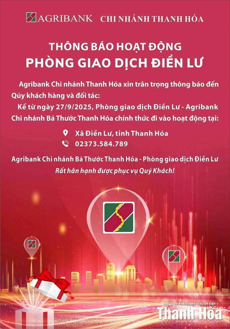 Thông báo hoạt động Phòng giao dịch Điền Lư Agribank Chi nhánh Bá Thước Thanh Hóa