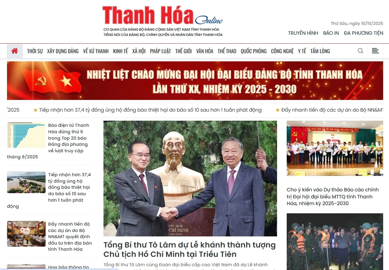 Báo điện tử Thanh Hóa đứng thứ 6 trong Top 20 báo Đảng địa phương về lượt truy cập tháng 9/2025
