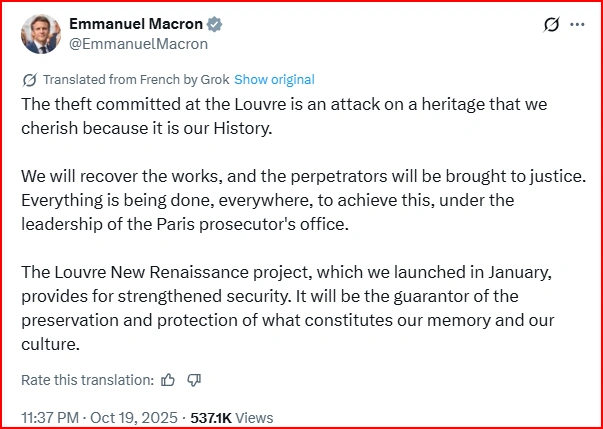 Bảo tàng Louvre báo động đỏ: Tổng thống Macron lên án vụ trộm cổ vật, cam kết không khoan nhượng
