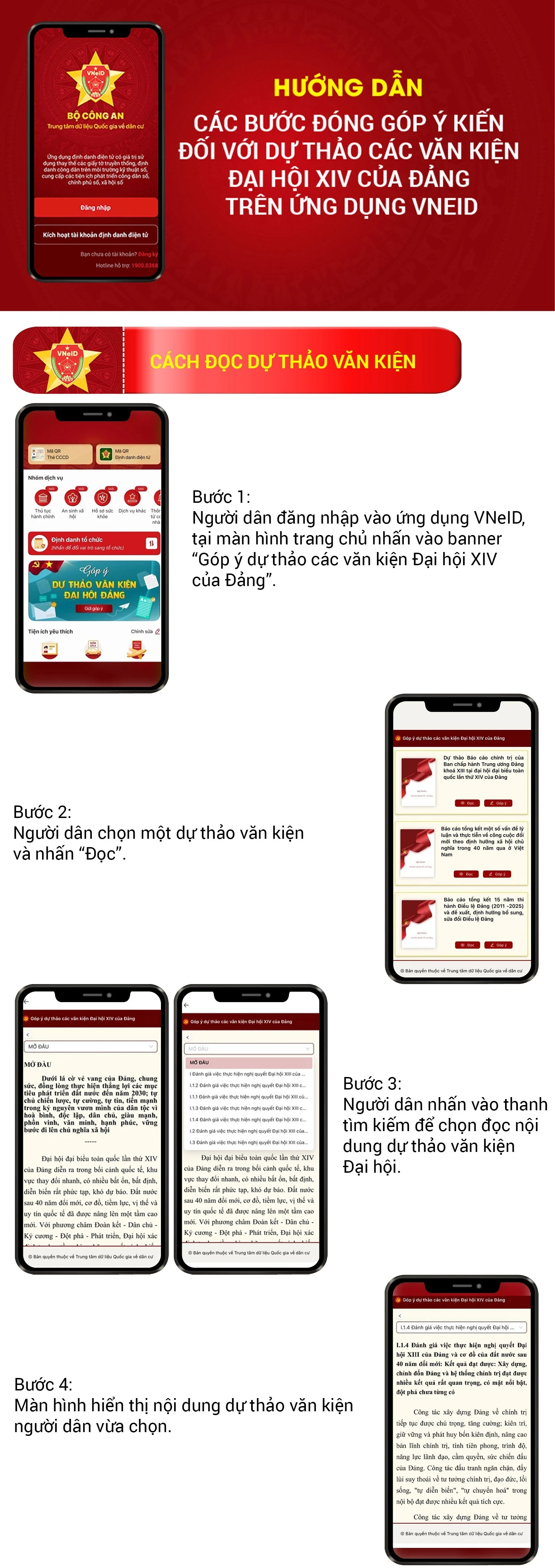 [Infographics] Hướng dẫn các bước đóng góp ý kiến đối với Dự thảo các văn kiện Đại hội XIV của Đảng trên ứng dụng VneID