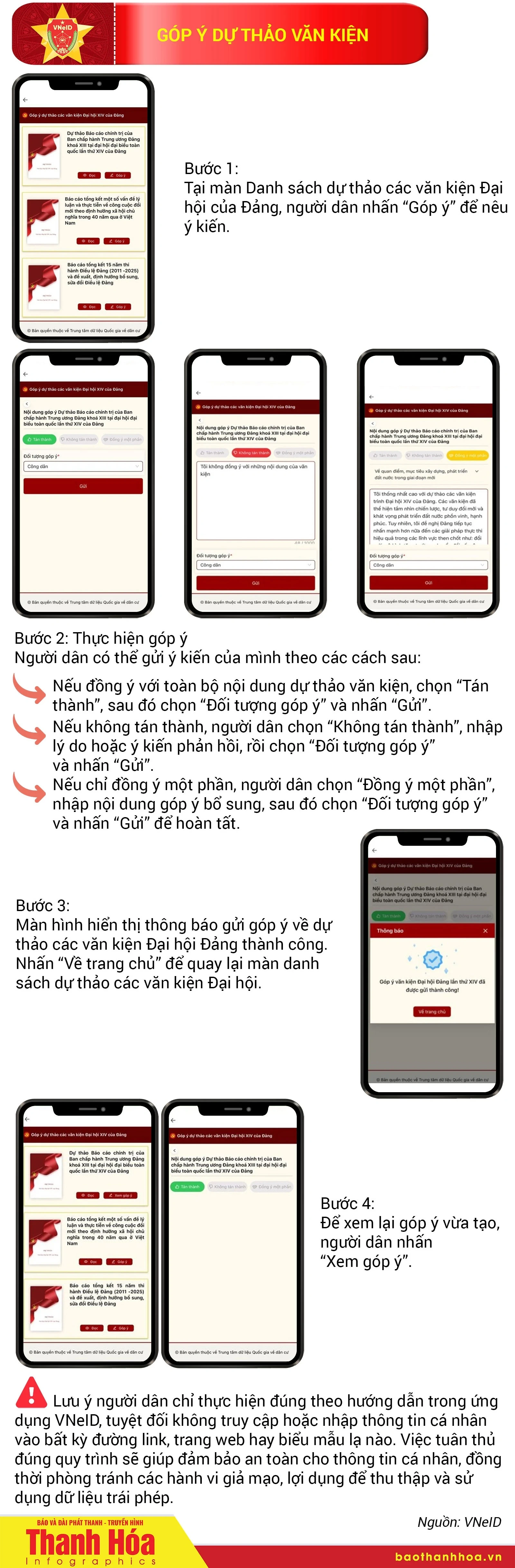[Infographics] Hướng dẫn các bước đóng góp ý kiến đối với Dự thảo các văn kiện Đại hội XIV của Đảng trên ứng dụng VneID