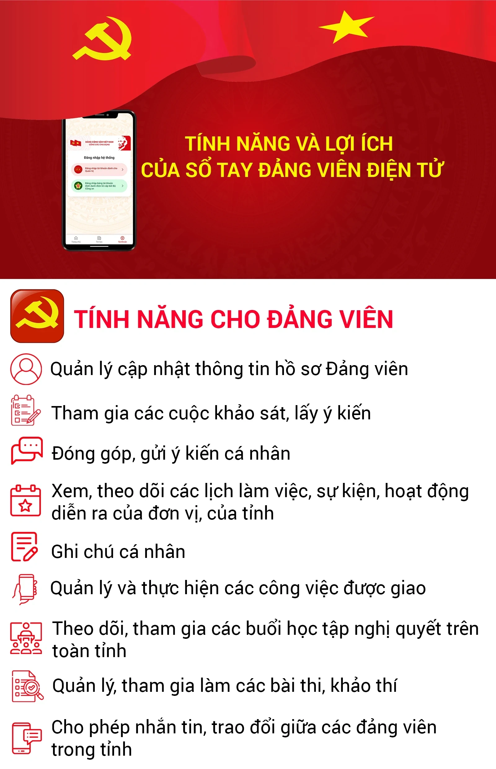 [Infographics] Tính năng và lợi ích của Sổ tay Đảng viên điện tử