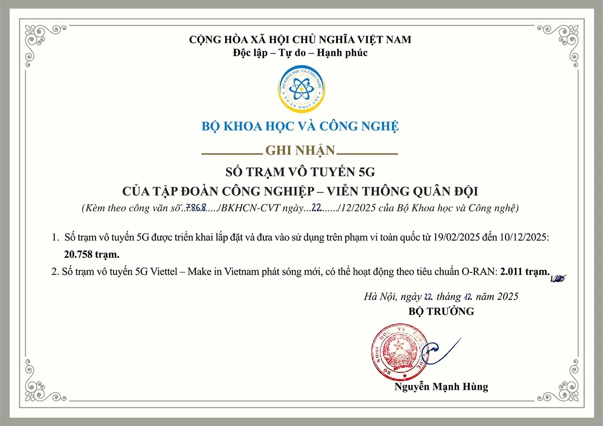 Bộ Khoa học và Công nghệ ghi nhận Viettel hoàn thành cam kết triển khai mạng 5G
