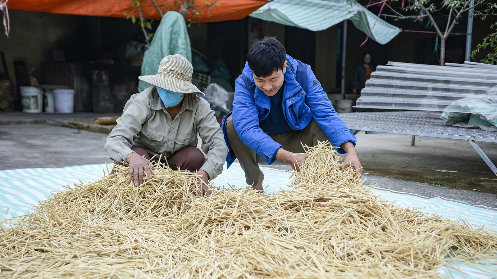 Công đoạn phơi nắng phụ thuộc hoàn toàn vào thời tiết. Có những ngày nồm ẩm, cả xưởng gần như “án binh bất động”. Hay mưa bất chợt, mọi người lại hối hả thu gom, che bạt, chấp nhận có mẻ nứa phải làm lại từ đầu.