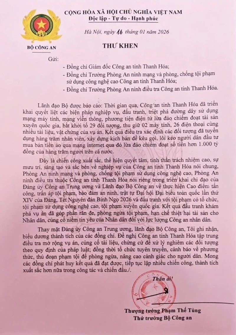 Lãnh đạo Bộ Công an gửi Thư khen Công an Thanh Hóa vì triệt phá đường dây lừa đảo xuyên quốc gia