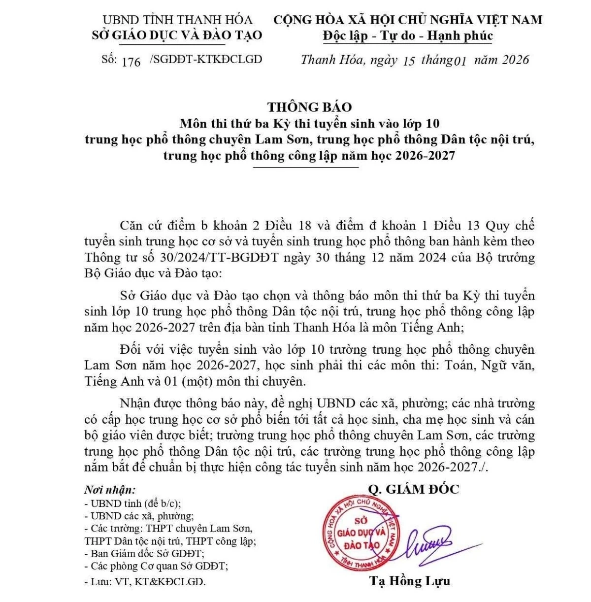 Thanh Hóa công bố môn thi thứ ba vào lớp 10 năm học 2026-2027
