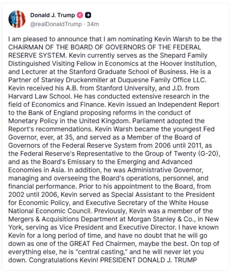 Tổng thống Mỹ Donald Trump đề cử cựu Thống đốc Fed Kevin Warsh làm Chủ tịch FED