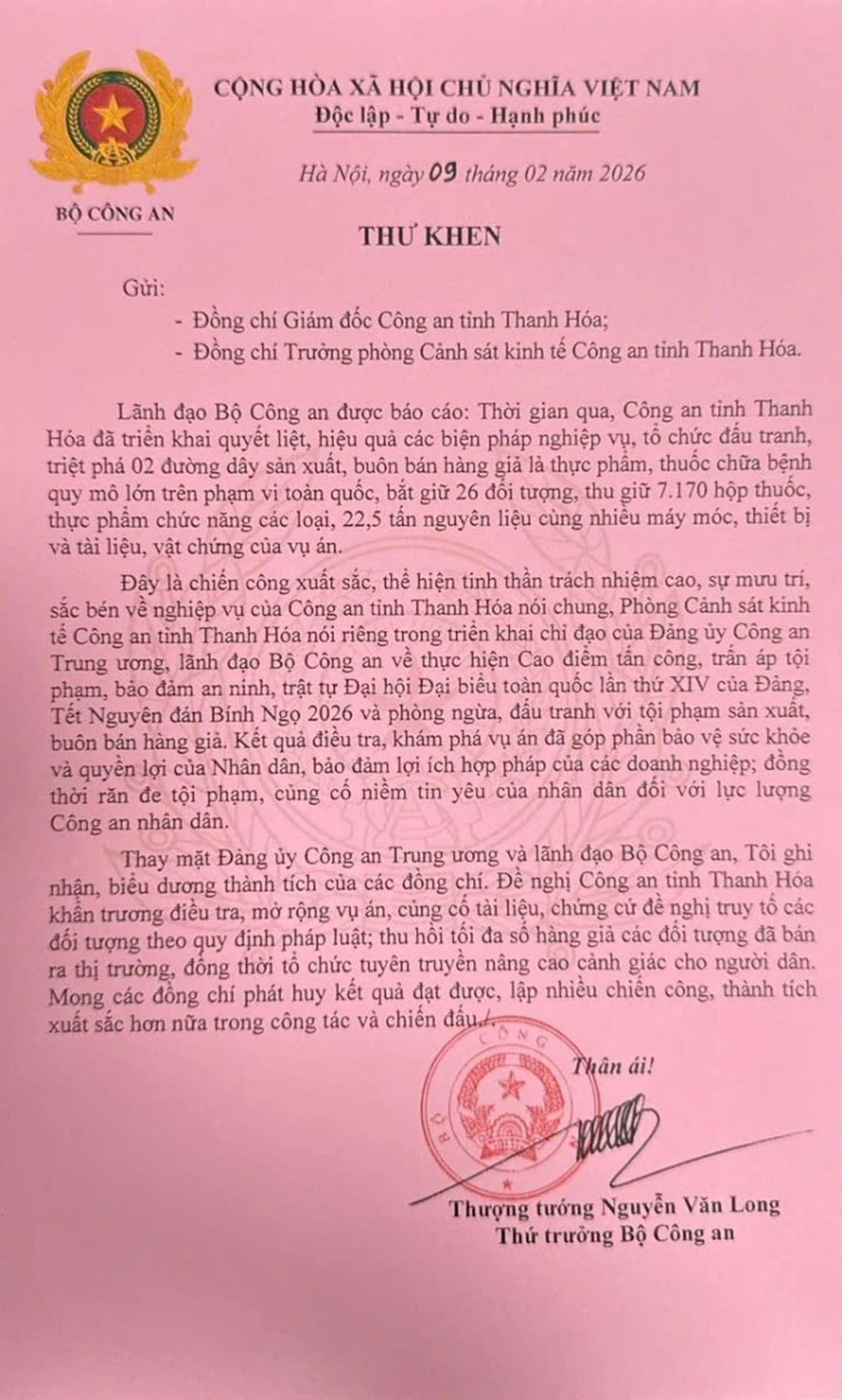 Lãnh đạo Bộ Công an gửi Thư khen Công an Thanh Hóa