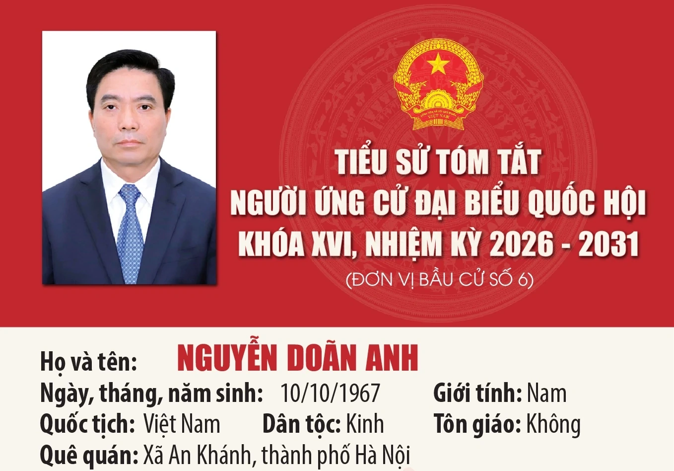 [Infographics] Tiểu sử ứng cử viên Đại biểu Quốc hội khóa XVI Nguyễn Doãn Anh