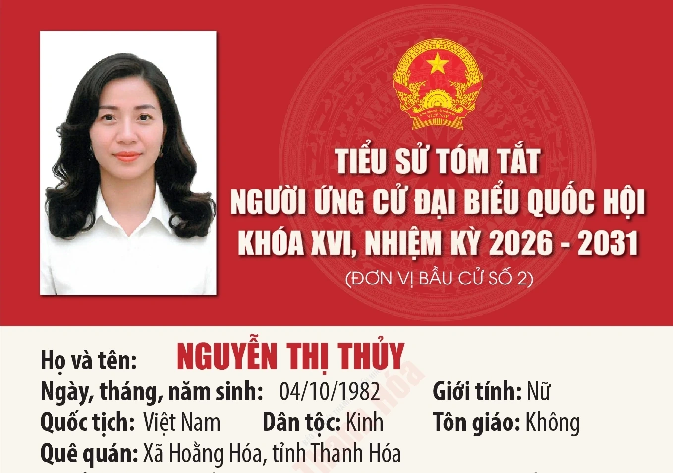 [Infographics] Tiểu sử ứng cử viên Đại biểu Quốc hội khóa XVI Nguyễn Thị Thủy