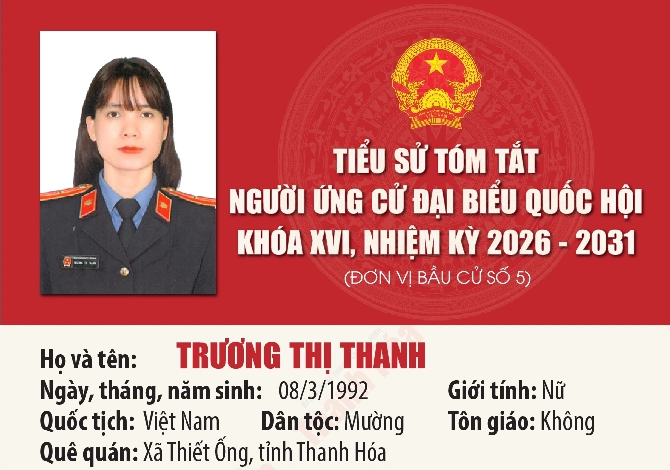 [Infographics] Tiểu sử ứng cử viên Đại biểu Quốc hội khóa XVI Trương Thị Thanh