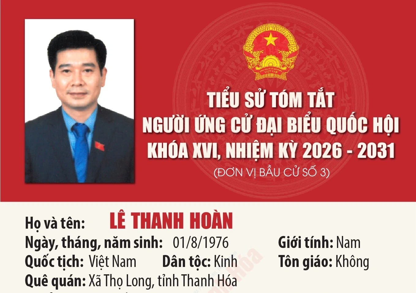 [Infographics] Tiểu sử ứng cử viên Đại biểu Quốc hội khóa XVI Lê Thanh Hoàn