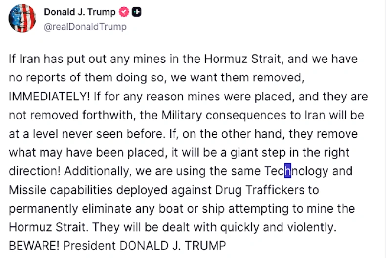 Ông Trump cảnh báo Iran về eo biển Hormuz, Mỹ phá hủy tàu rải thủy lôi giữa lo ngại gián đoạn nguồn cung dầu toàn cầu