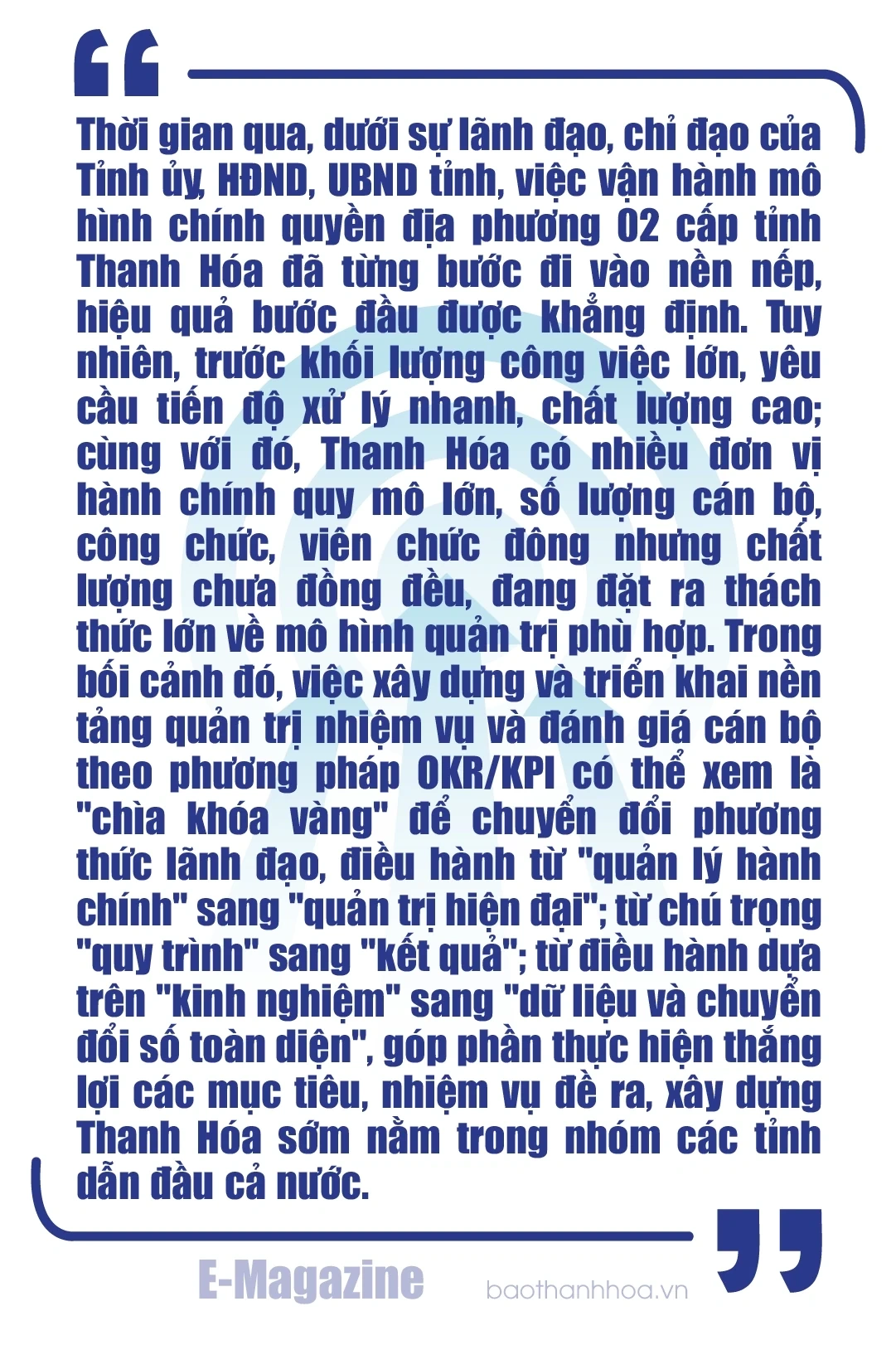 [E-Magazine] Ứng dụng nền tảng OKR/KPI để tạo đột phá thực chất trong quản trị hành chính công tại Thanh Hóa