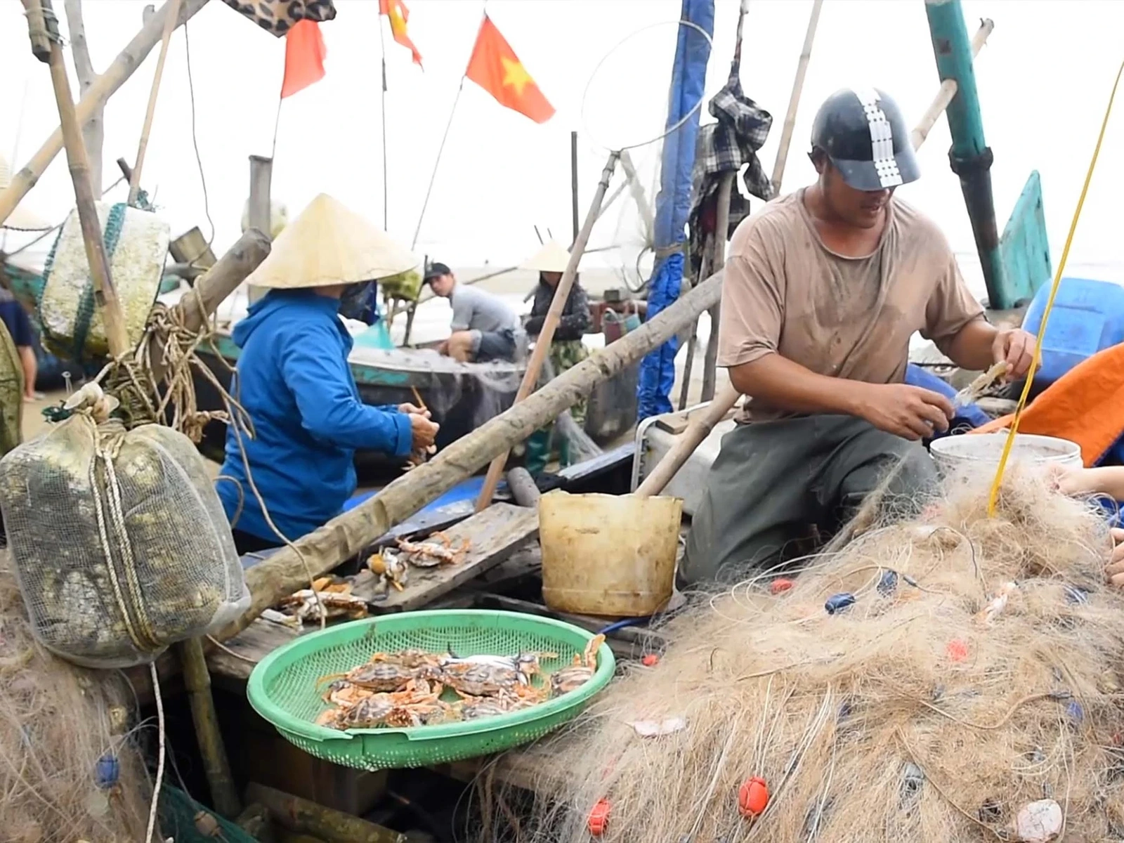 Trong khi đó, trên bờ, người thì kiểm tra lại con thuyền sau một đêm vất vả đánh bắt, người thì phân loại hải sản. Tất cả tạo nên một bức tranh lao động sống động, giản dị nhưng đầy sức sống.