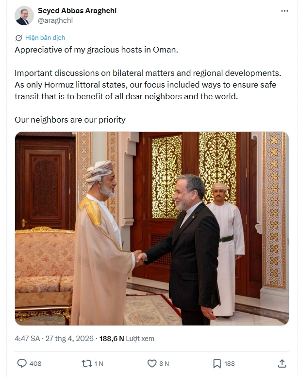 Ngoại trưởng Iran: Thảo luận với Oman để đảm bảo an toàn hàng hải tại eo biển Hormuz