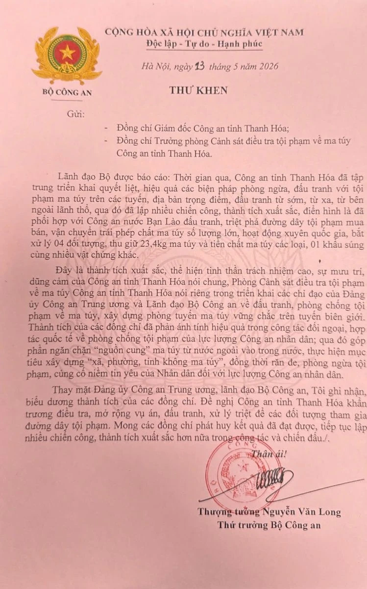 Biểu dương Công an Thanh Hóa với thành tích triệt phá đường dây ma túy xuyên quốc gia