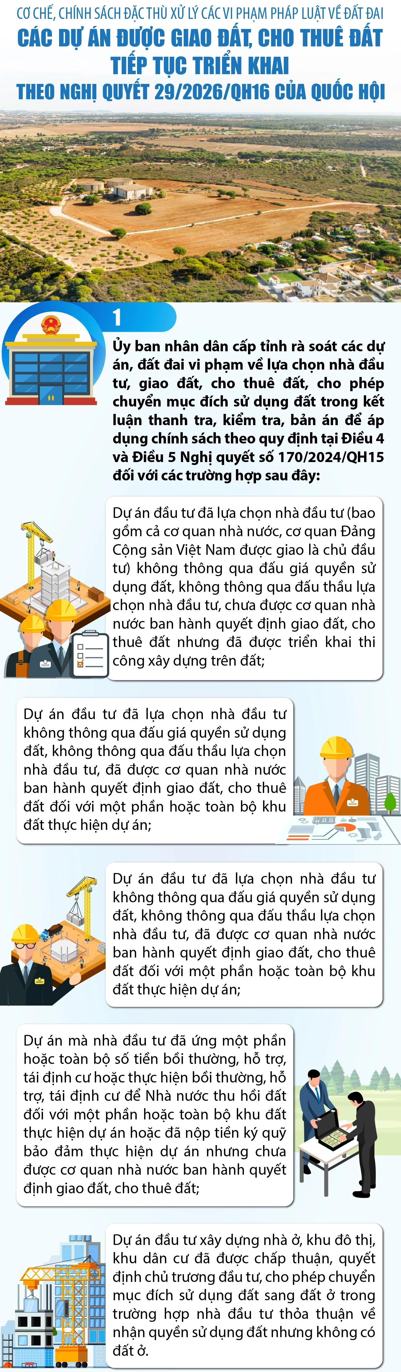 Cơ chế, chính sách đặc thù xử lý các vi phạm pháp luật về đất đai: Các dự án được giao đất, cho thuê đất tiếp tục triển khai