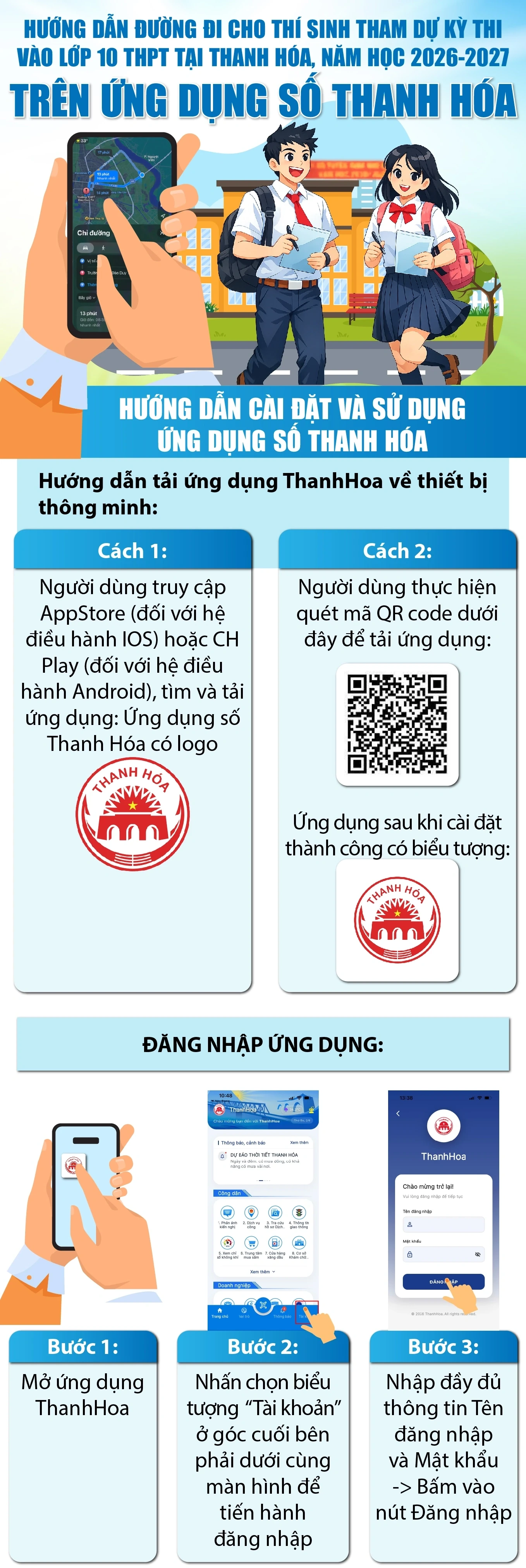 Hướng dẫn đường đi cho thí sinh tham dự kỳ thi vào lớp 10 THPT tại Thanh Hóa trên ứng dụng số Thanh Hóa