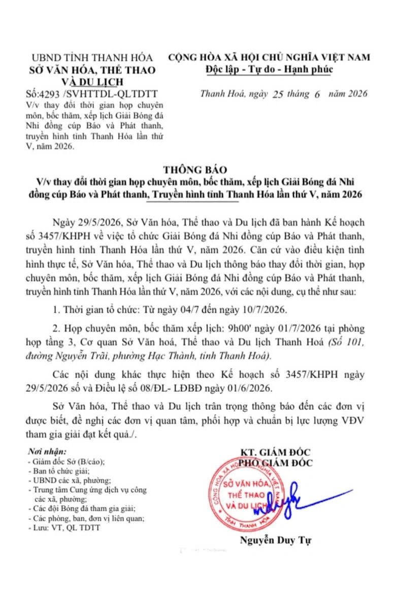 Điều chỉnh thời gian họp chuyên môn, bốc thăm Giải Bóng đá Nhi đồng cúp Báo và Phát thanh, truyền hình Thanh Hóa lần thứ V