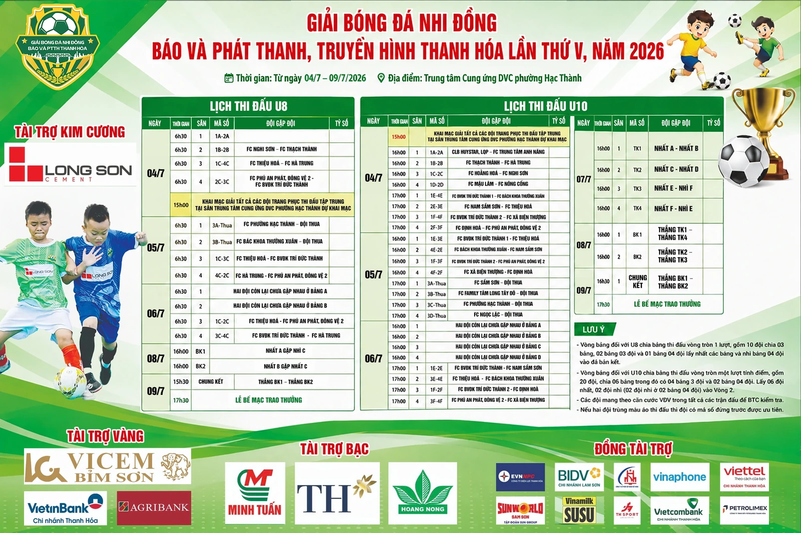 Lịch thi đấu Giải bóng đá Nhi đồng Cúp Báo và Phát thanh, truyền hình tỉnh Thanh Hóa lần thứ V, năm 2026
