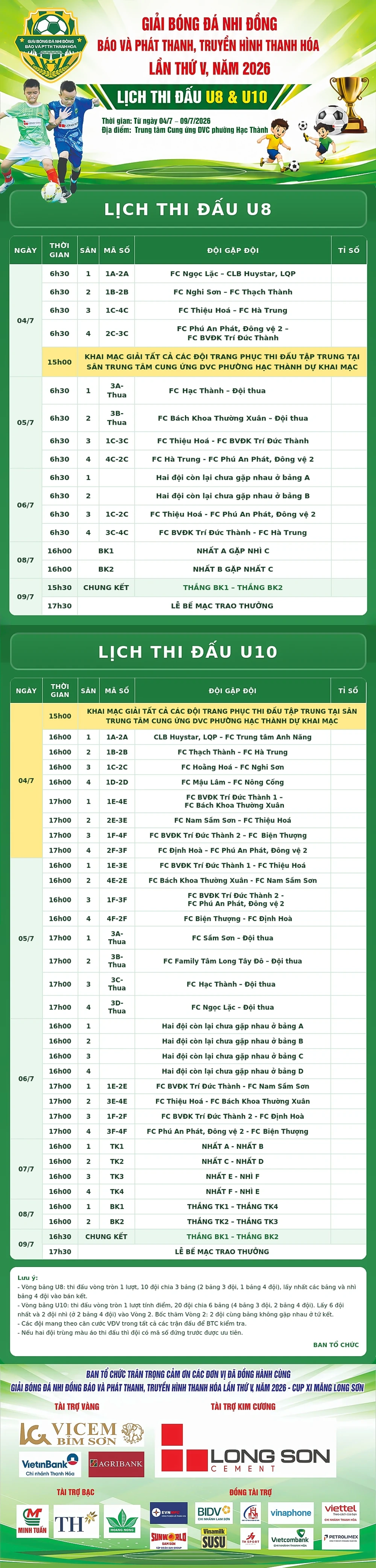 Lịch thi đấu Giải bóng đá Nhi đồng Cúp Báo và Phát thanh, truyền hình tỉnh Thanh Hóa lần thứ V, năm 2026