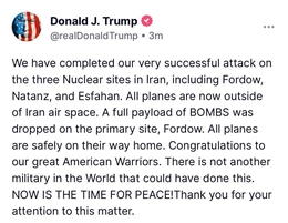 Tổng thống Trump thông báo Mỹ không kích 3 cơ sở hạt nhân tại Iran