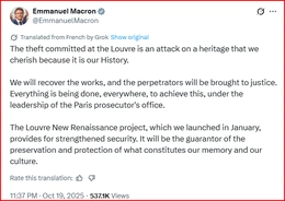 Bảo tàng Louvre báo động đỏ: Tổng thống Macron lên án vụ trộm cổ vật, cam kết không khoan nhượng