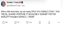 Tổng thống Trump tuyên bố Mỹ sẽ sớm kiểm soát eo biển Hormuz
