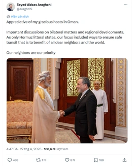 Ngoại trưởng Iran: Thảo luận với Oman để đảm bảo an toàn hàng hải tại eo biển Hormuz