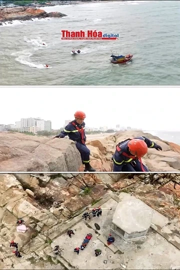 Diễn tập Tình huống giả định 1 nạn nhân trượt ngã từ núi Trường Lệ xuống chân núi sát biển, bất tỉnh