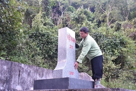 Hoa đào nở bên cột mốc