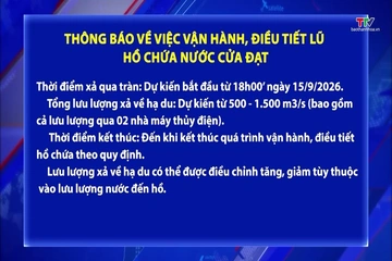 Thông báo về việc vận hành, điều tiết lũ hồ chứa nước Cửa Đạt