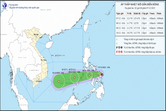 Áp thấp nhiệt đới di chuyển 10km/h hướng vào Biển Đông
