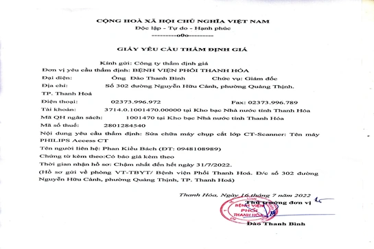 Bệnh viện phổi Thanh Hóa thông báo Yêu cầu thẩm định giá sửa chữa máy chụp cắt lớp CT-Scanner
