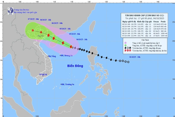 Rạng sáng 6/10, bão số 11 đi vào phía Bắc vịnh Bắc Bộ và suy yếu dần